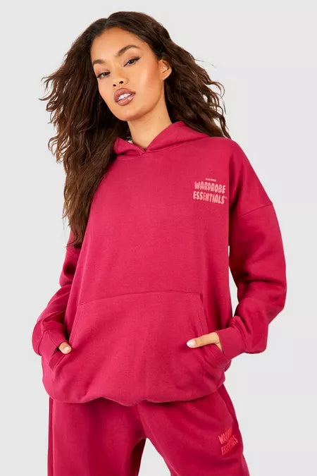 Boohoo Wardrobe Essentials Slogan Oversized hood-2345 -Burgundy
