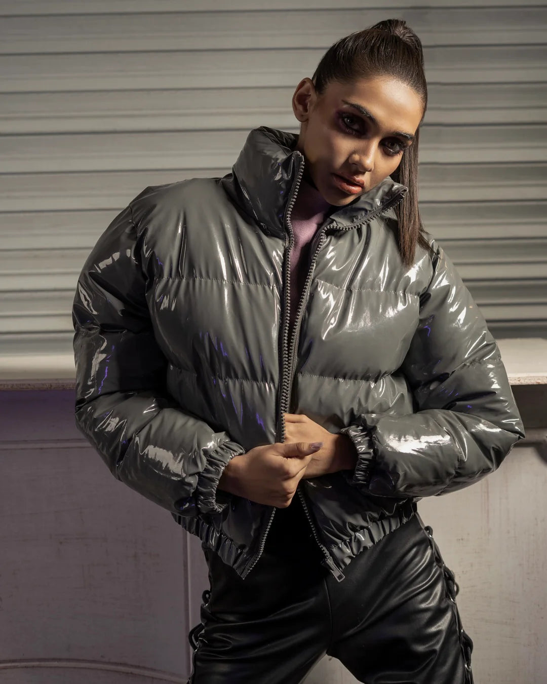 3000-Women’s Vinyl Cropped Full Zip Jacket