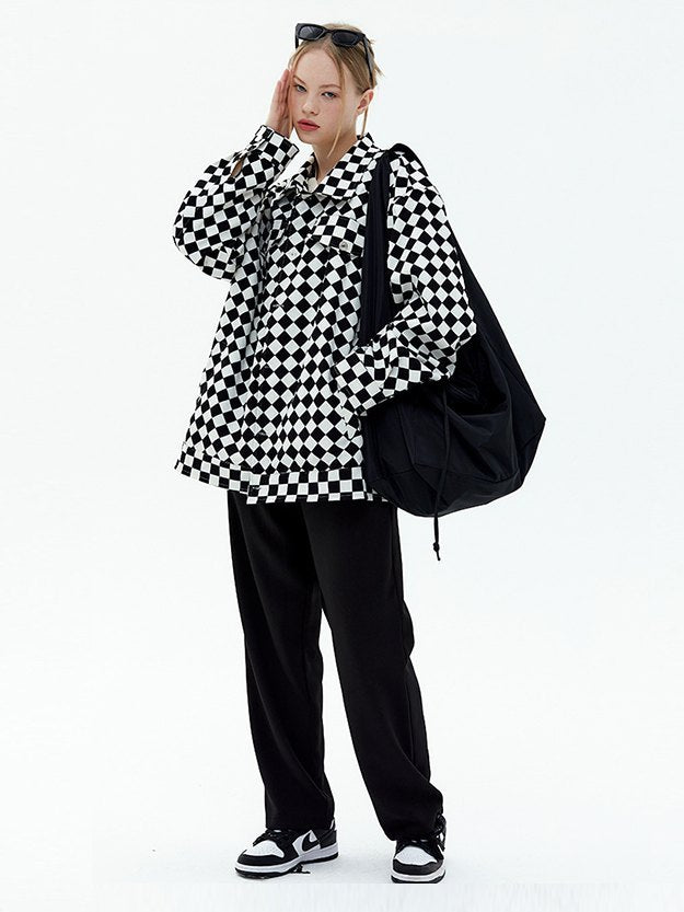 2791-Plt Women Oversized Chess Print Check Shacket-Black White