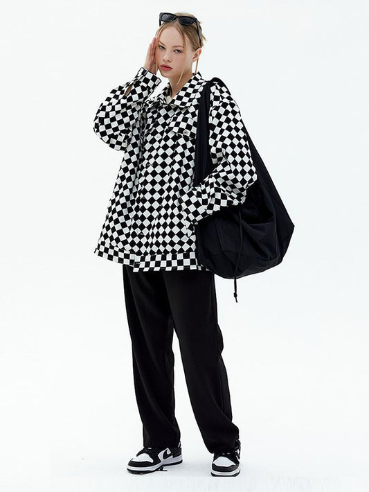2791-Plt Women Oversized Chess Print Check Shacket-Black White