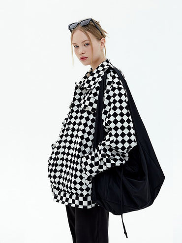 2791-Plt Women Oversized Chess Print Check Shacket-Black White