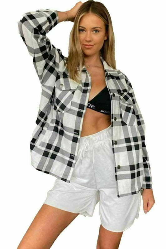 2793-Plt Women Oversized Check Shacket-White Black
