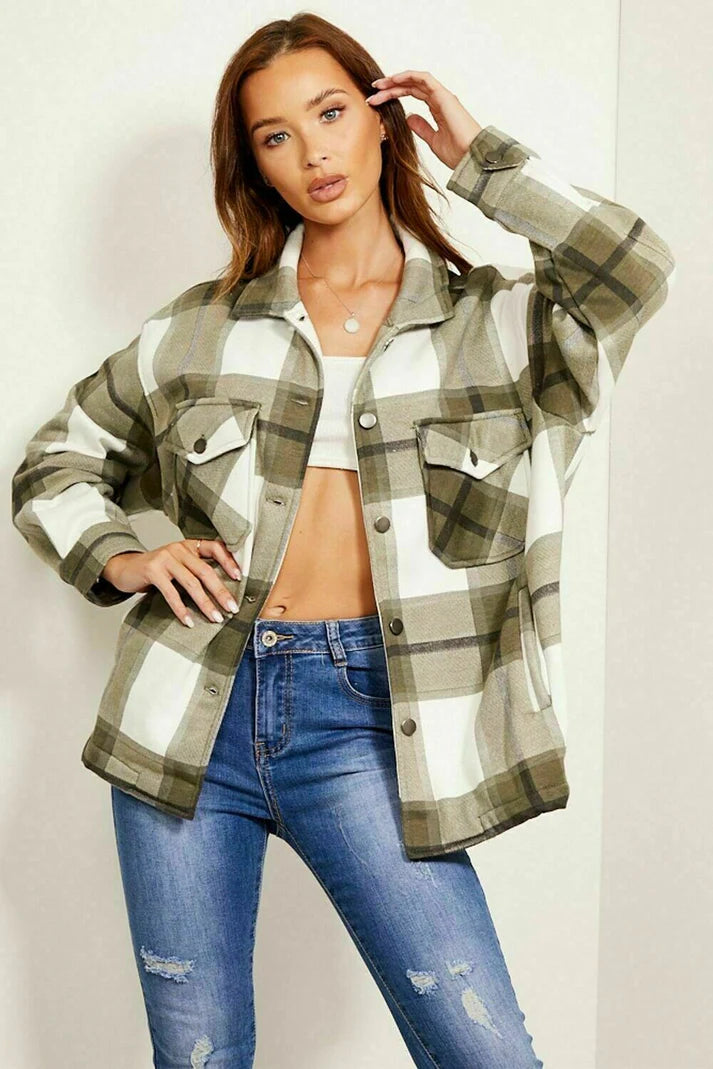 2792-Plt Women Oversized  Check Shacket-Olive White