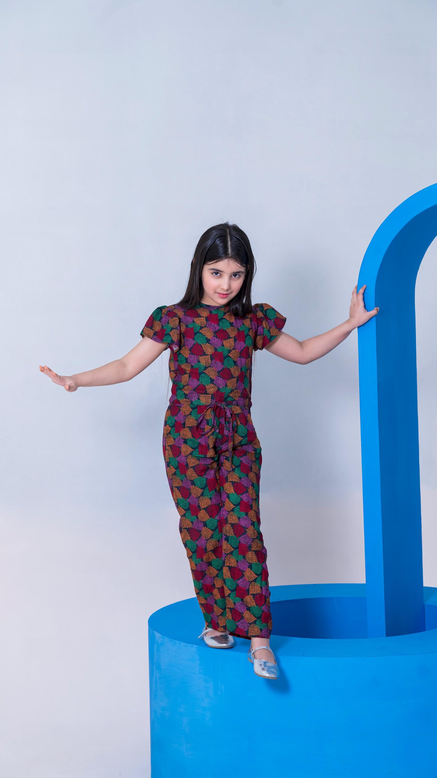 Allover Multicolor Leafs Print Belted Jumpsuit Girls-2400-Black