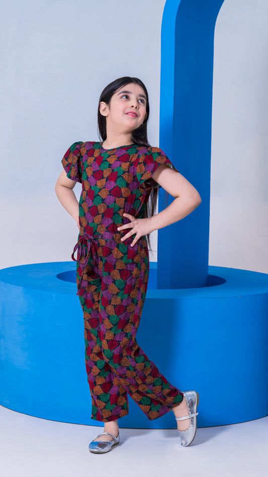 Allover Multicolor Leafs Print Belted Jumpsuit Girls-2400-Black