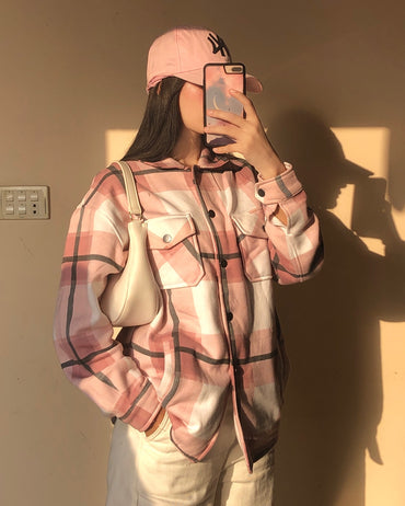 Pink & wht Checked Shacket For Her-LSHKT-0020-Pink White