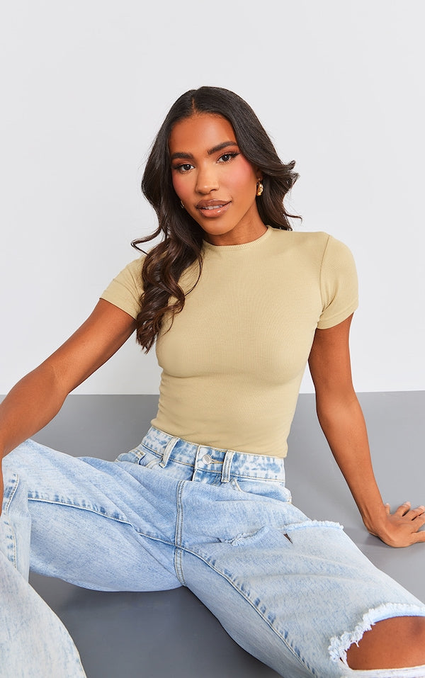 PLT Rib Short Sleeve Bodysuit-2318-Sage Green