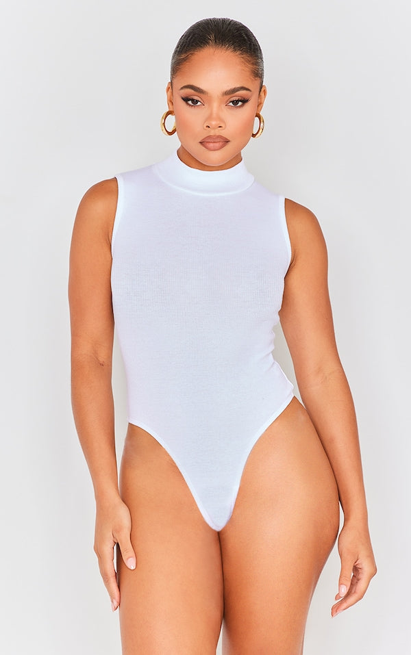 PLT Rib High Neck Sleeveless Bodysuit-2319-White