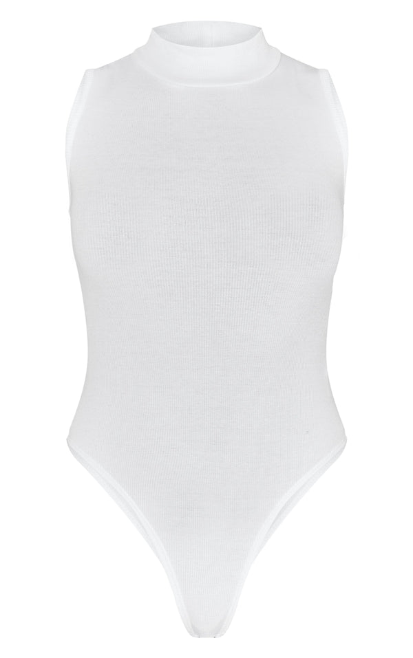 PLT Rib High Neck Sleeveless Bodysuit-2319-White