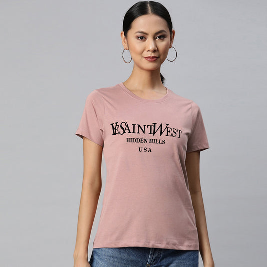 Ladies One Size Saint West printed Tee-LTST-2064-Dusty Pink