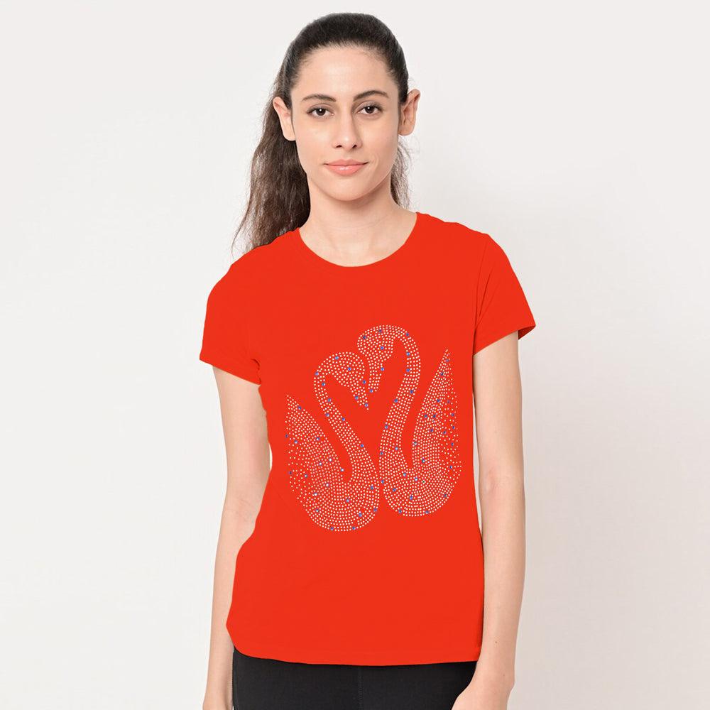 Duck Printed Stone Embraided Tees-LTST-0003-Orange - FactoryX.pk