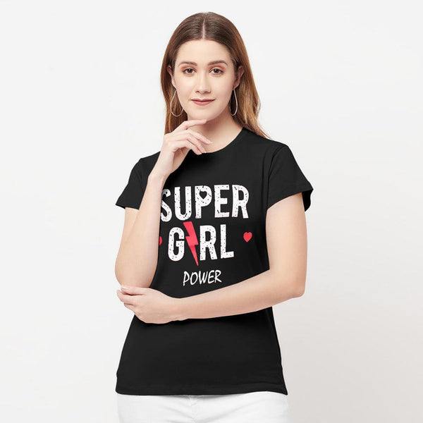 Super Girl Printed Tees For Her-LTST-0009-Black - FactoryX.pk
