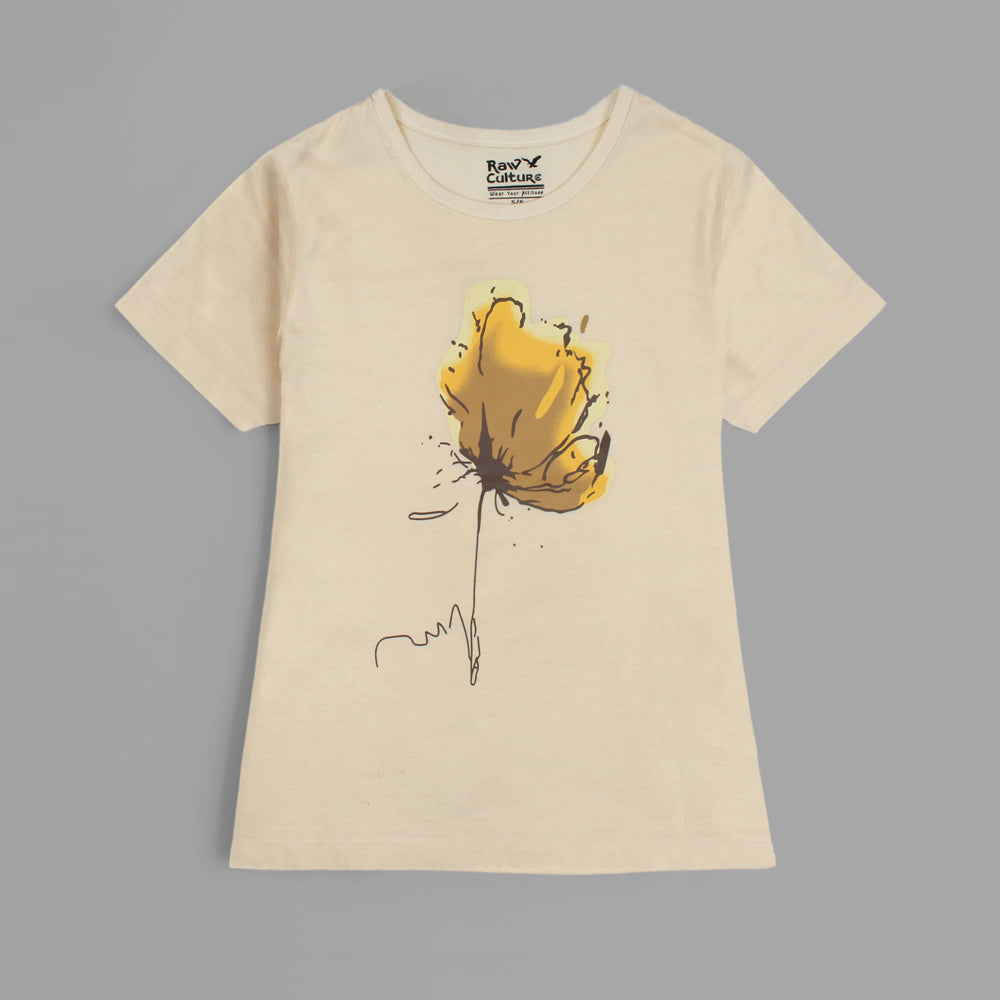 Rawculture Yellow Flower Printed Girls T-shirt-KTST-2207-Off White