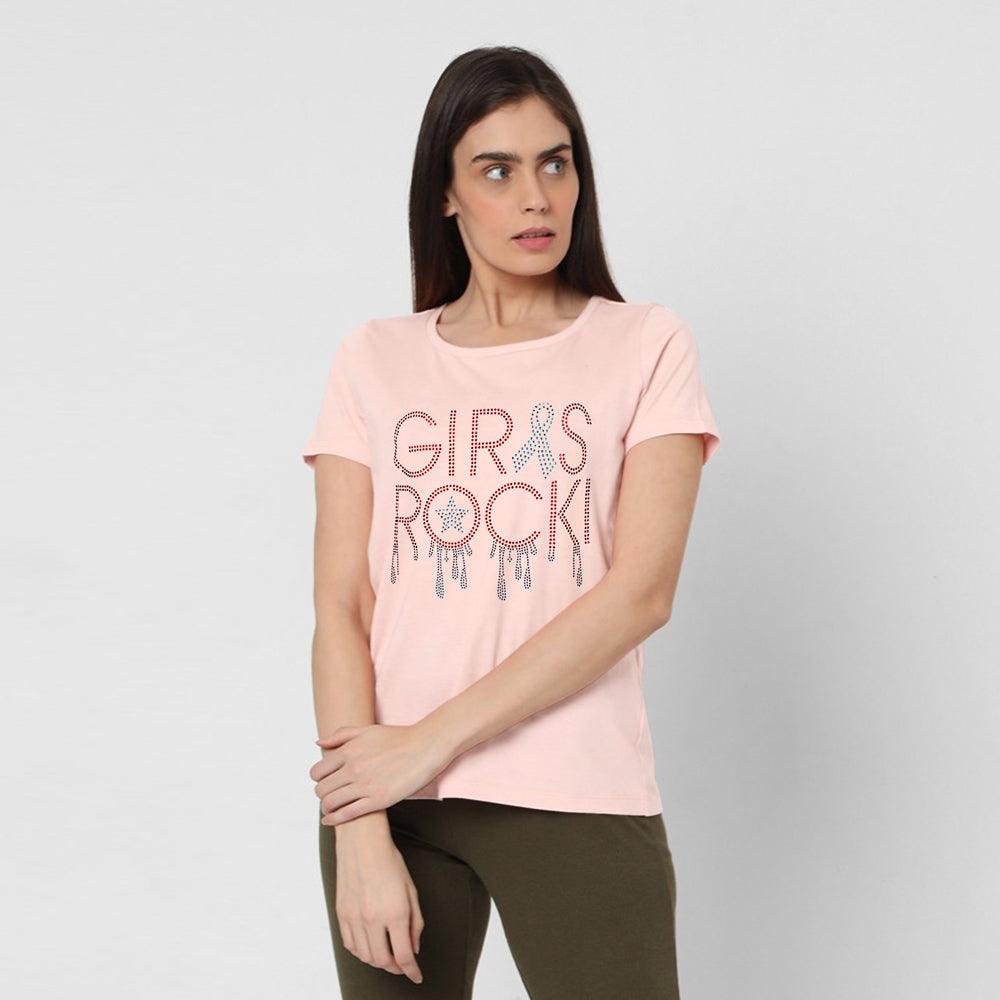 Girls Rock Stone Sequence Printed Tees For Her-LTST-0005-Pink - FactoryX.pk