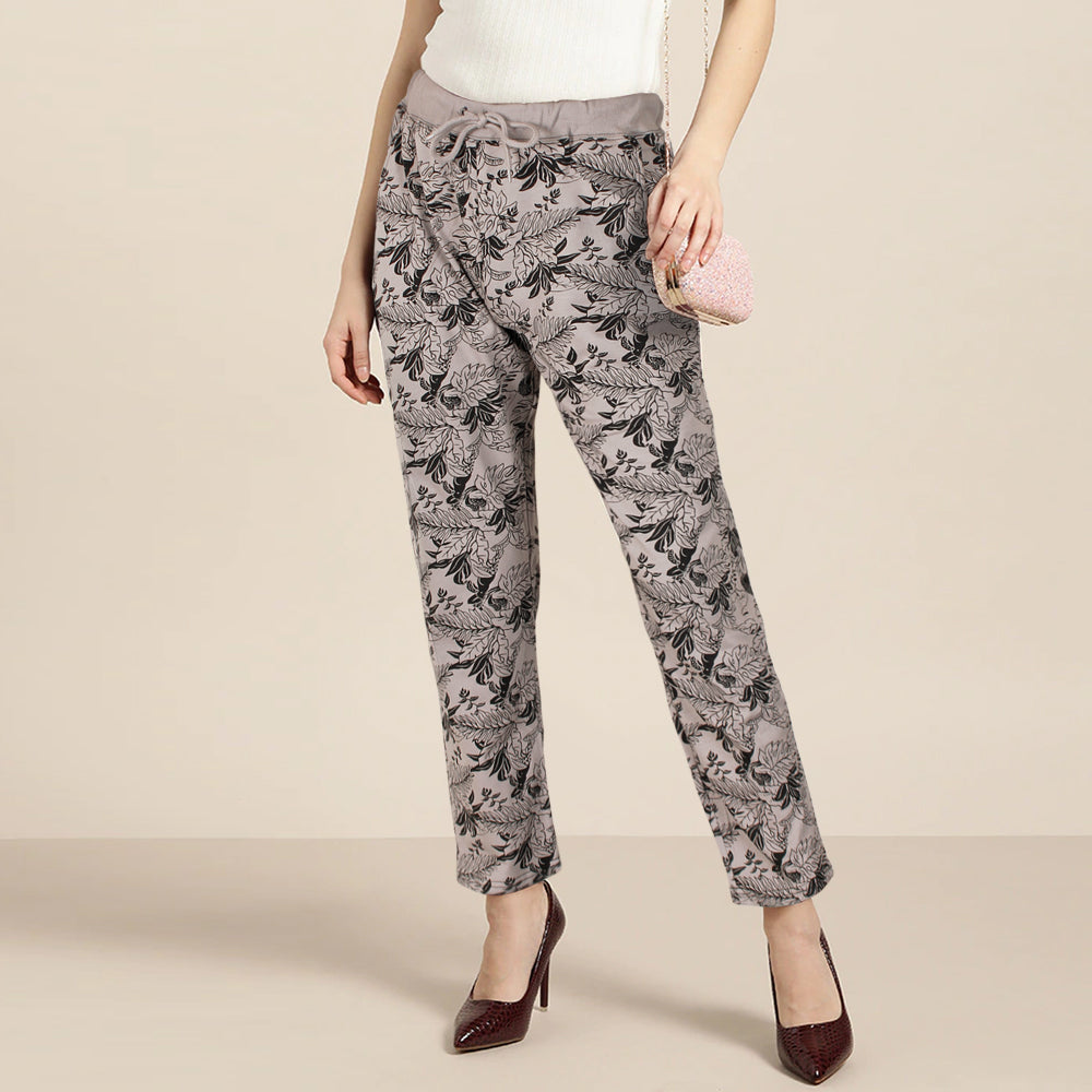 Floral Printed Trouser For Her in Blk.-LTRS-0033-Khaaki - FactoryX.pk