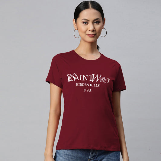 Ladies One Size Saint West printed Tee-LTST-2064-Red