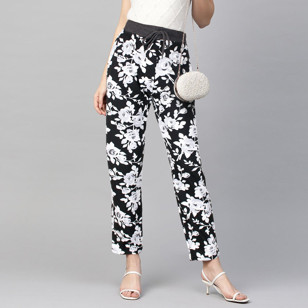Floral Printed Trouser For Her in Blk.-LTRS-0033-Black - FactoryX.pk