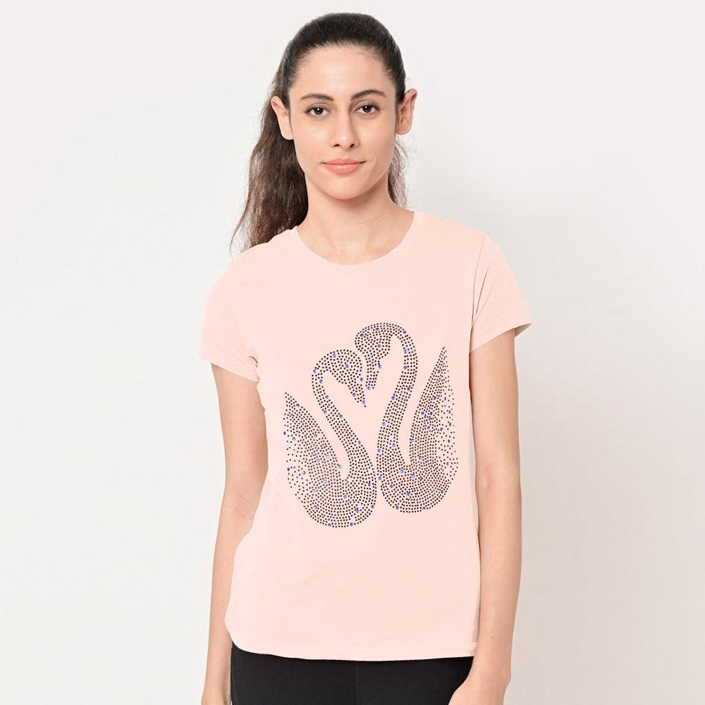 Duck Printed Stone Embraided Tees-LTST-0003-Pink - FactoryX.pk