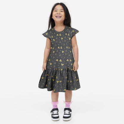 Rawculture Golden Hearts Printed Girls Frock-KFRK-2118-Dark Grey