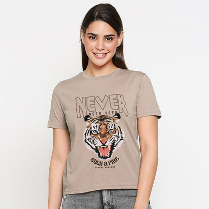 Ladypiltan Never Tiger Print T-shirt For Ladies-Nude Pink