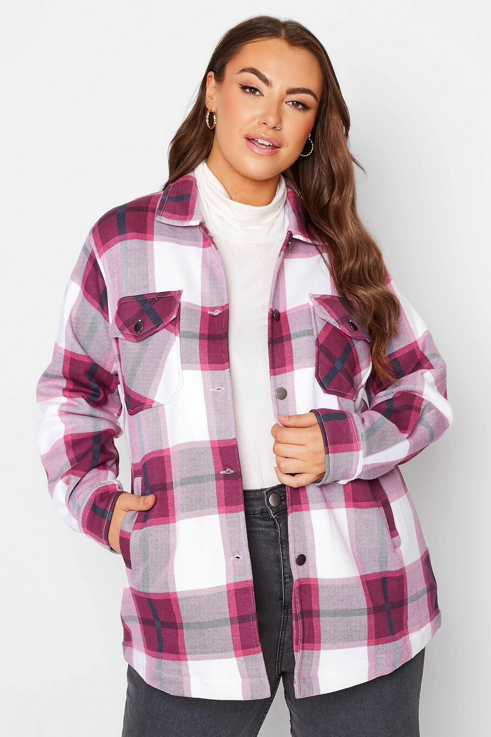 Dark Pink white Oversized check shacket For Her-2015 - FactoryX.pk