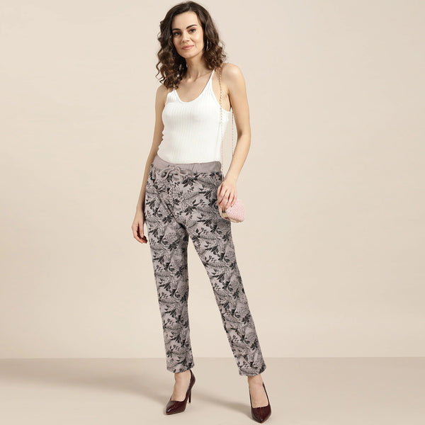 Floral Printed Trouser For Her in Blk.-LTRS-0033-Khaaki - FactoryX.pk