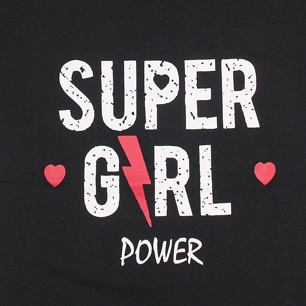 Super Girl Printed Tees For Her-LTST-0009-Black - FactoryX.pk