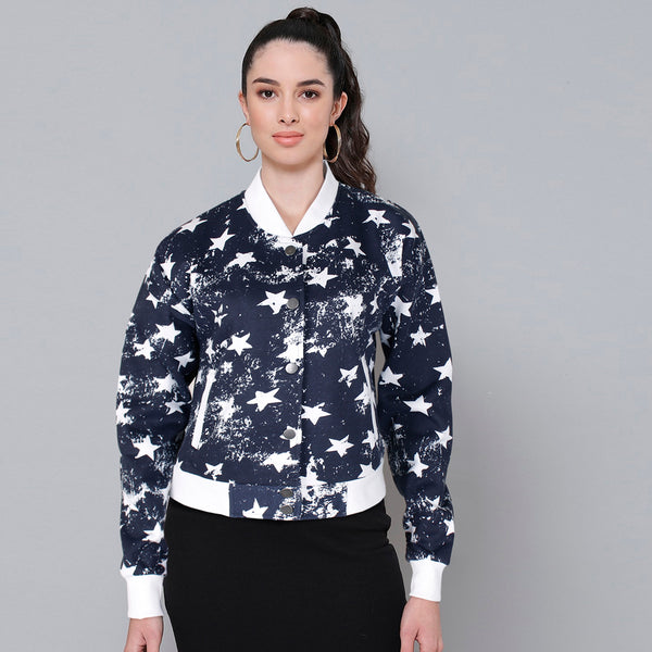 Women Versity Baloon Fit Star print Jacket-Ladies-2030-Navy - FactoryX.pk