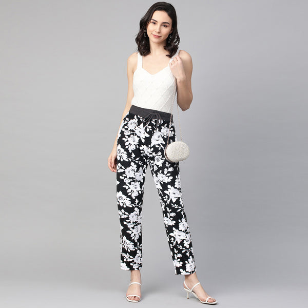 Floral Printed Trouser For Her in Blk.-LTRS-0033-Black - FactoryX.pk