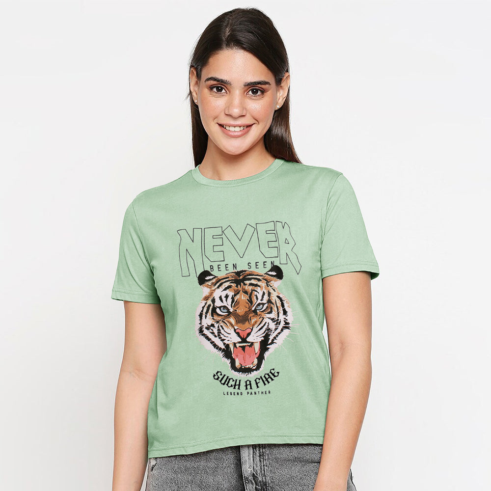 Ladypiltan Never Tiger Print T-shirt For Ladies-Mint