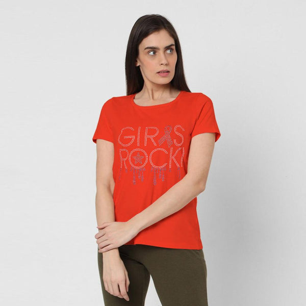 Girls Rock Stone Sequence Printed Tees For Her-LTST-0005-Orange - FactoryX.pk