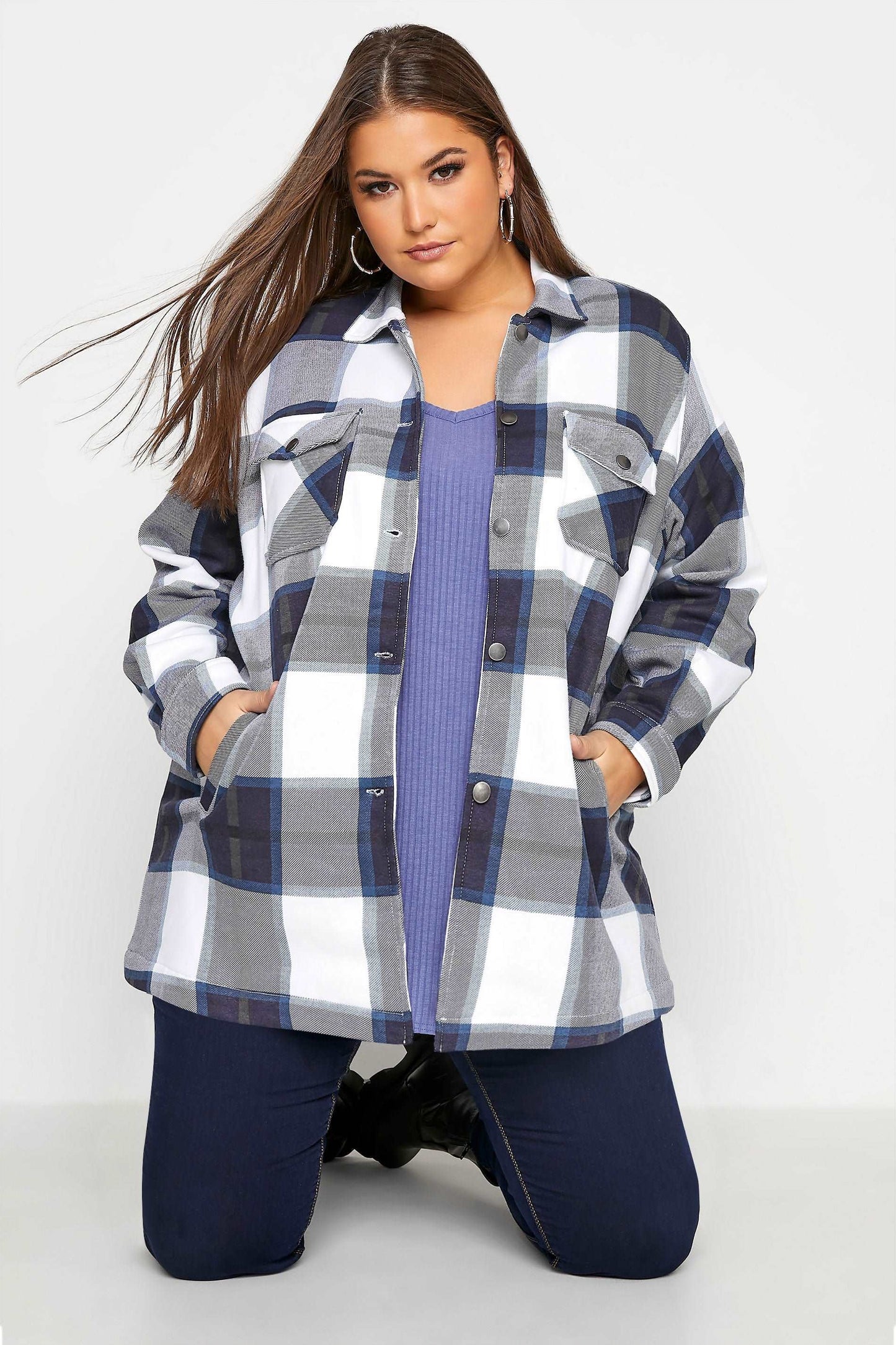 Blue White Oversized check shacket For Her-2015 - FactoryX.pk