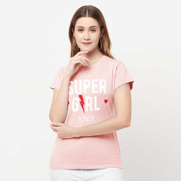 Super Girl Printed Tees For Her-LTST-0009-Pink - FactoryX.pk