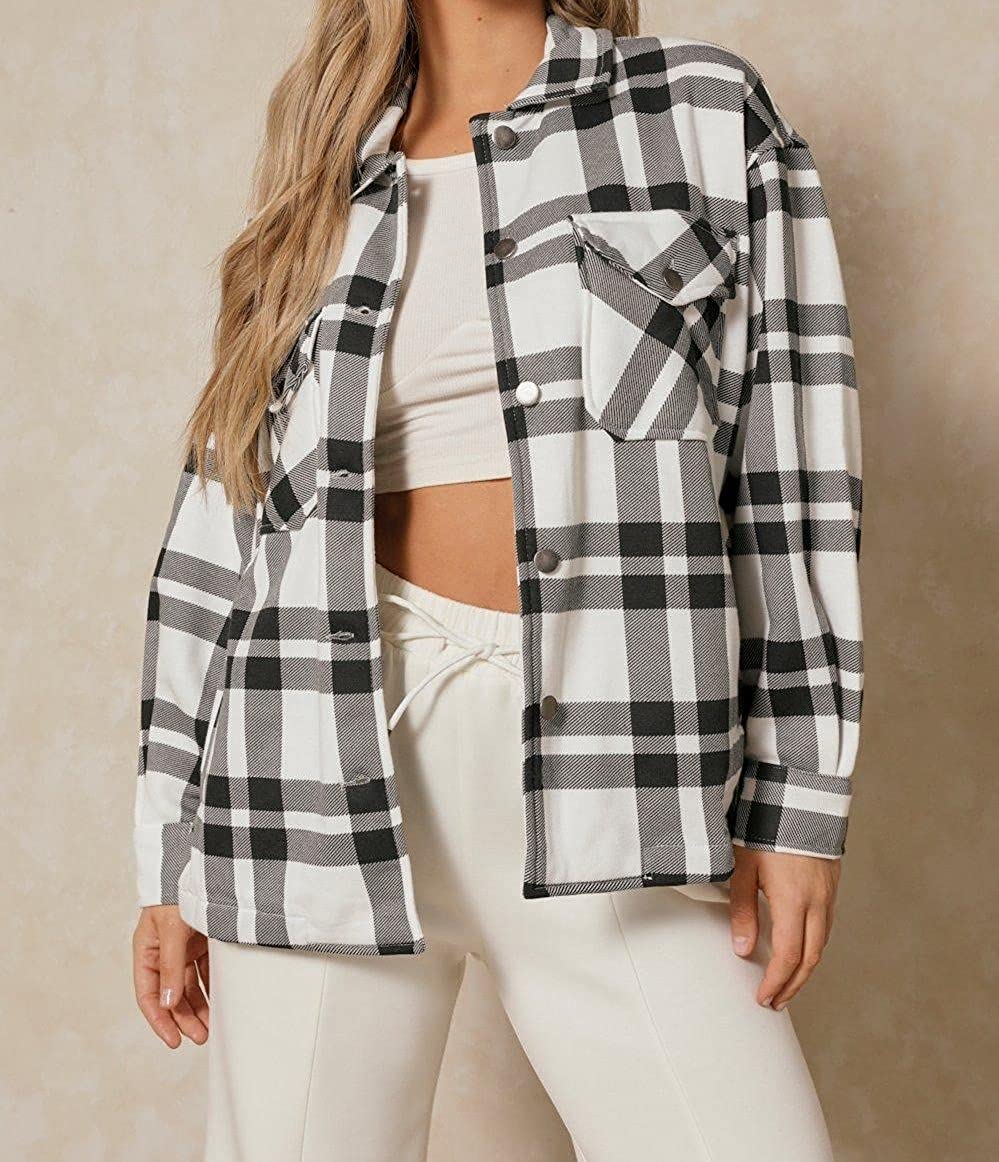 wht & Blk Checked Shacket For Her-LSHKT-0022-White Black - FactoryX.pk