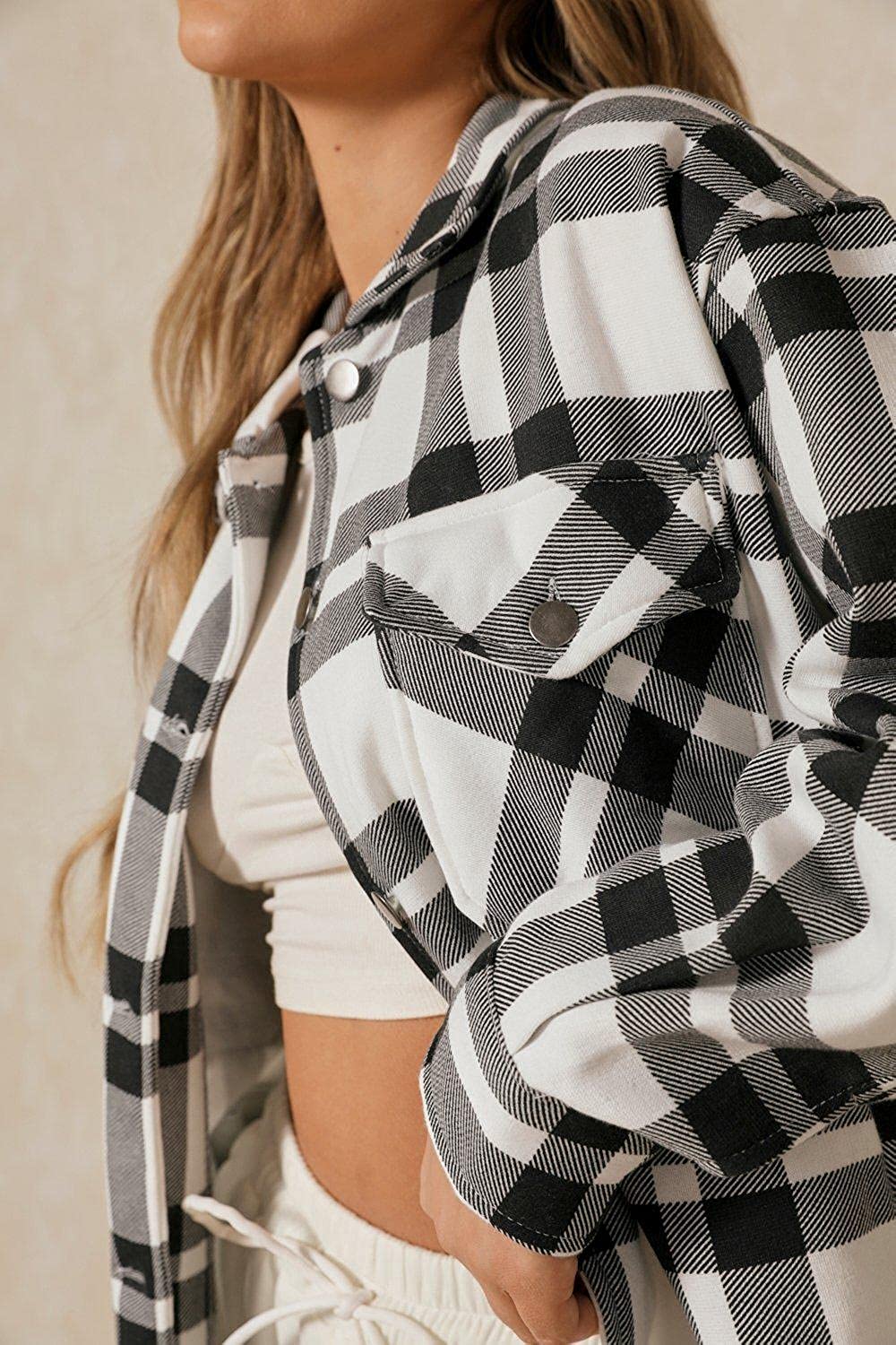 wht & Blk Checked Shacket For Her-LSHKT-0022-White Black - FactoryX.pk