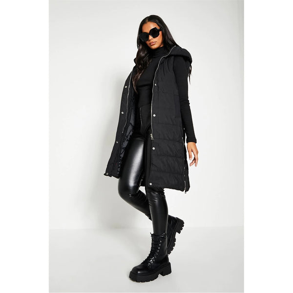 Gilet Sleevless Hooded Long Line Puffer Jacket Women-Fp741 LJKT-2040-Black