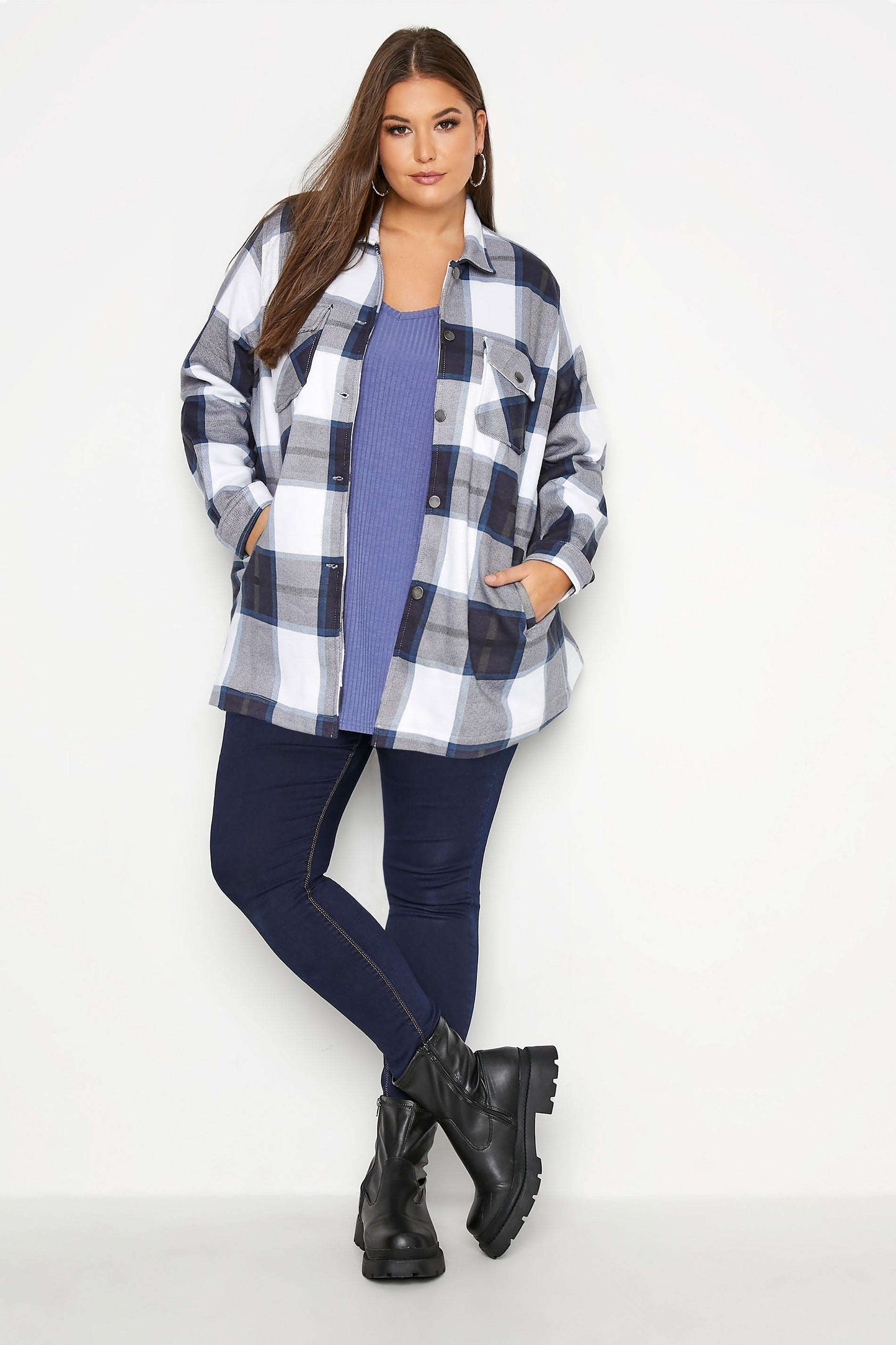 Blue White Oversized check shacket For Her-2015 - FactoryX.pk