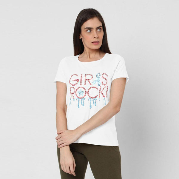 Girls Rock Stone Sequence Printed Tees For Her-LTST-0005-White - FactoryX.pk