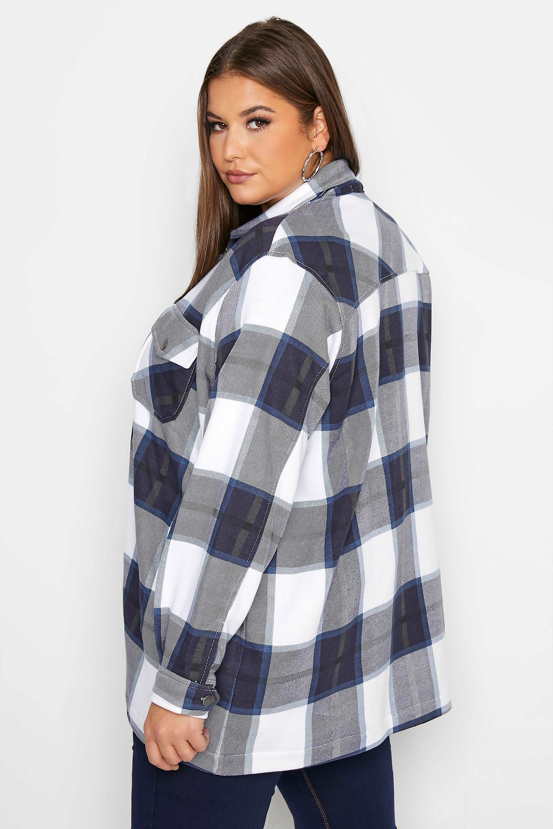 Blue White Oversized check shacket For Her-2015 - FactoryX.pk