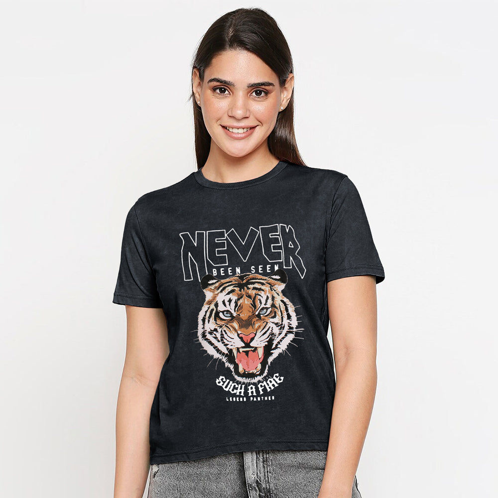 Ladypiltan Never Tiger Print T-shirt For Ladies