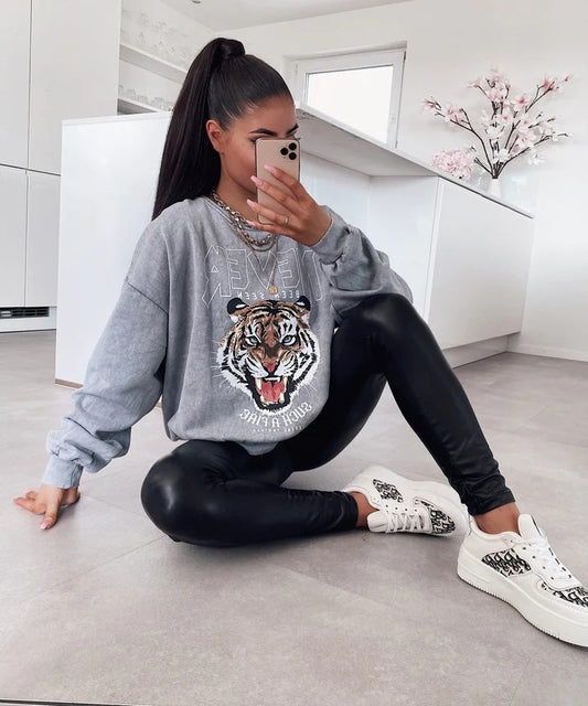 Ladypolitan Tiger print sweatshirt For Her-LSWS-2010 One Size Light Grey - FactoryX.pk