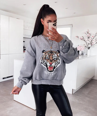 Ladypolitan Tiger print sweatshirt For Her-LSWS-2010 One Size Light Grey - FactoryX.pk