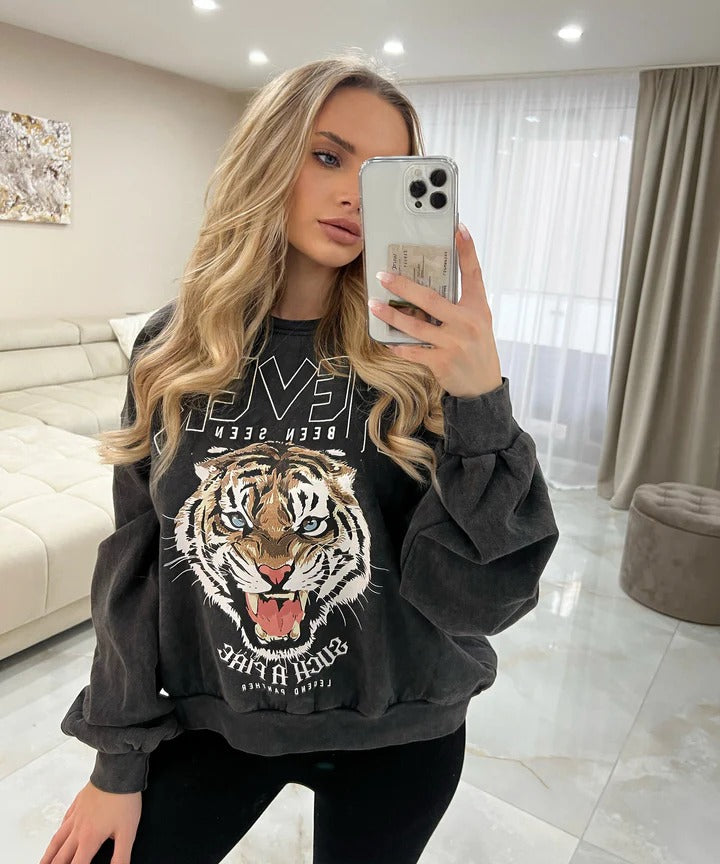 Ladypolitan Tiger print sweatshirt For Her-LSWS-2010 One Size Dark Grey - FactoryX.pk