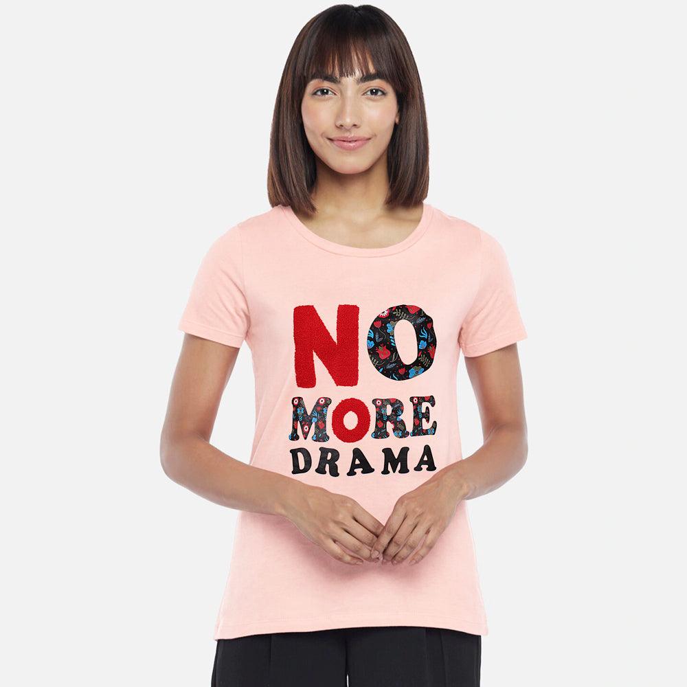 No More Drama Printed Tees-LTST-0008-Pink - FactoryX.pk