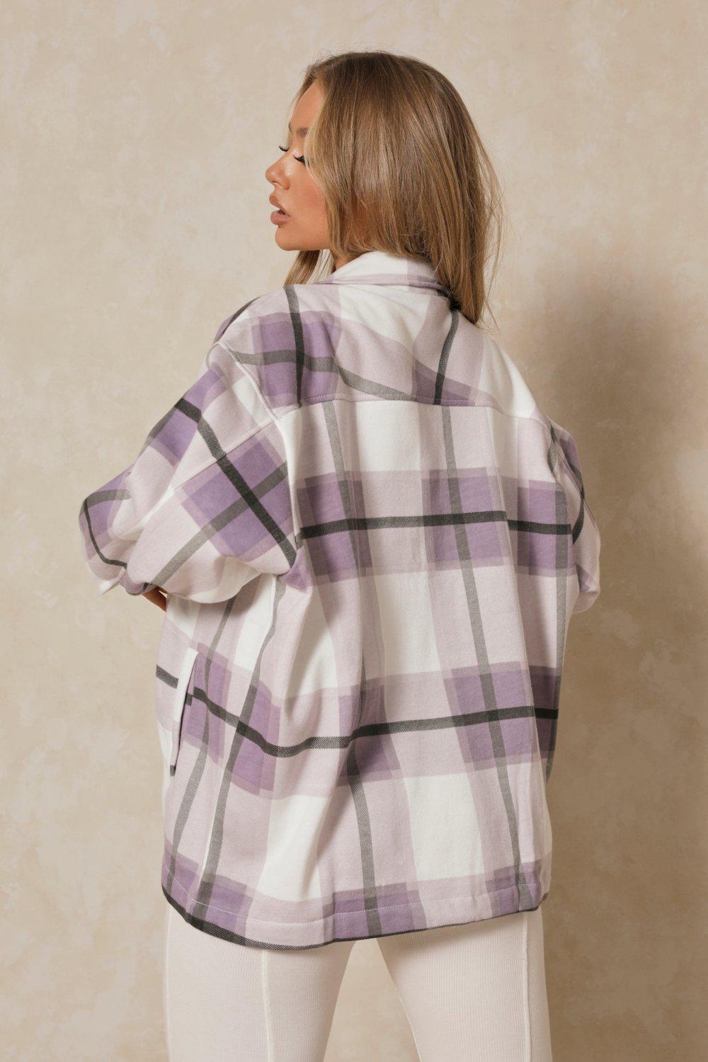 Lilac & White Checked Shacket For Her - FactoryX.pk