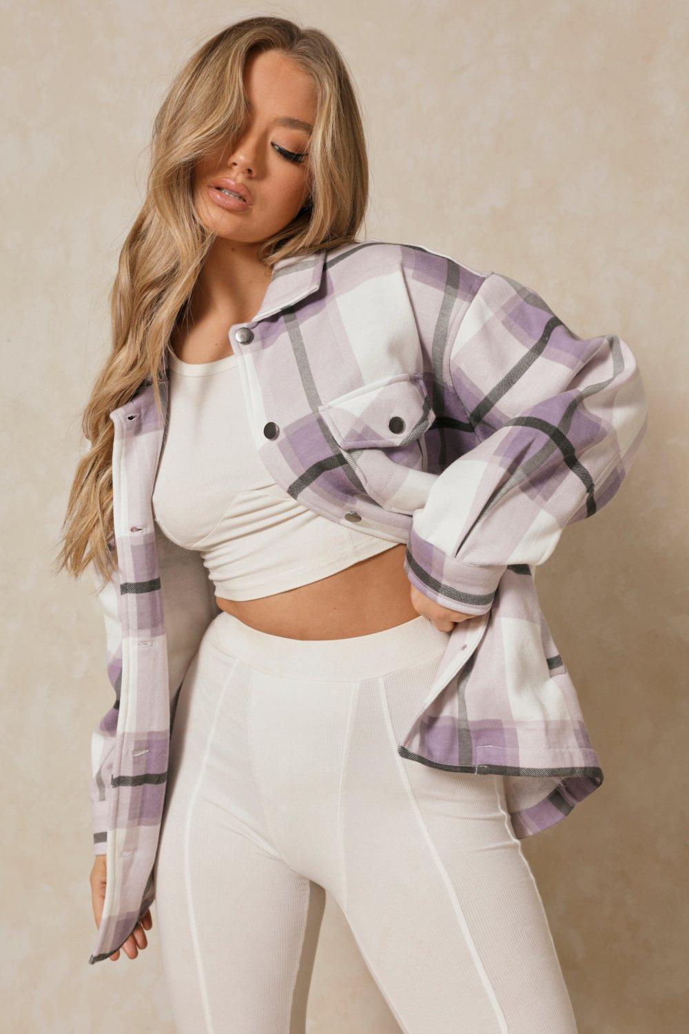 Lilac & White Checked Shacket For Her - FactoryX.pk