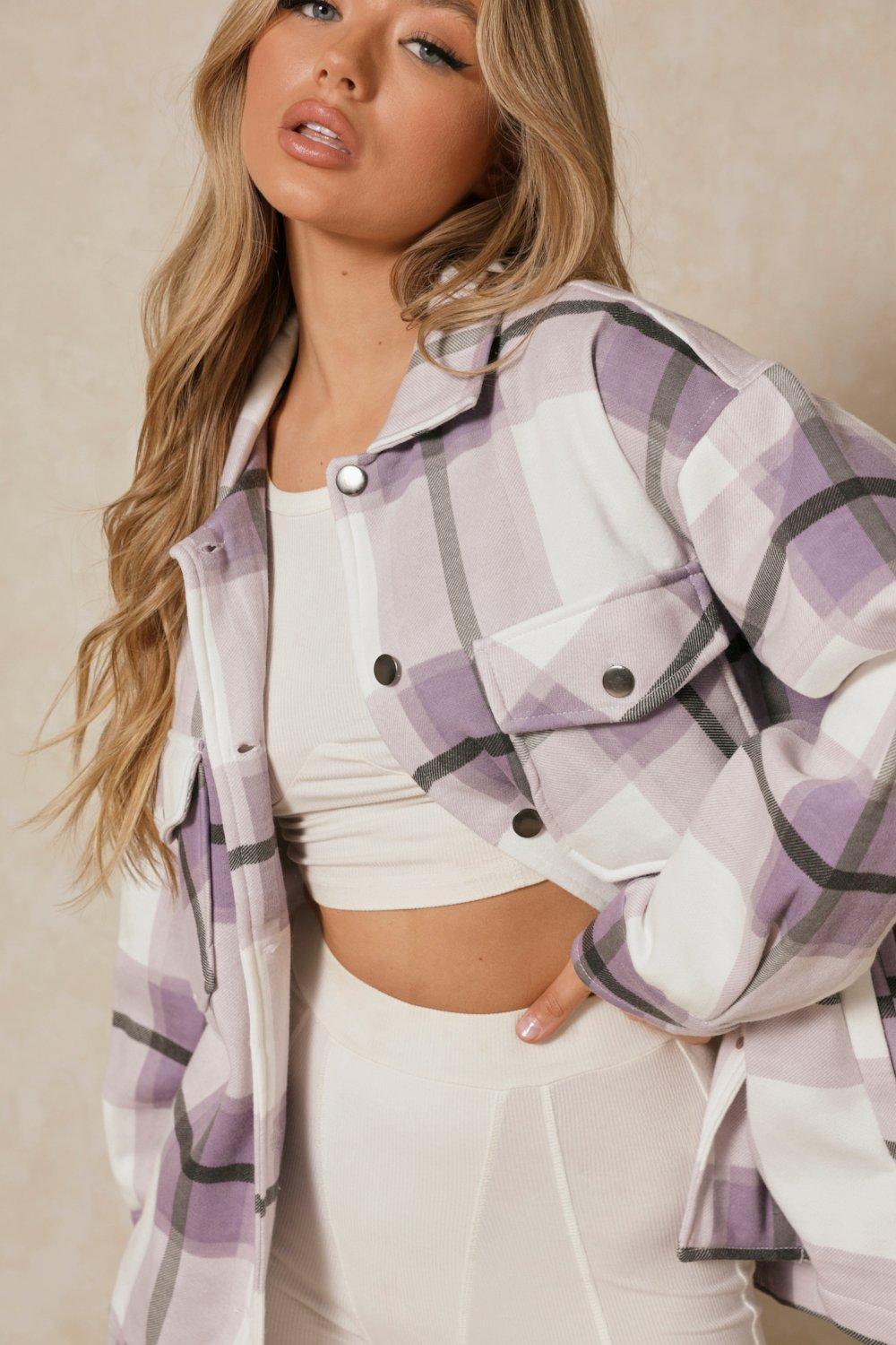 Lilac & White Checked Shacket For Her - FactoryX.pk