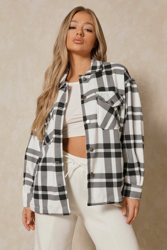 wht & Blk Checked Shacket For Her-LSHKT-0022-White Black - FactoryX.pk