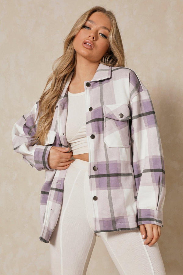 Lilac & White Checked Shacket For Her - FactoryX.pk