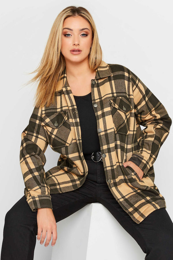 Camel Brown Oversized check shacket For Her-2015 - FactoryX.pk